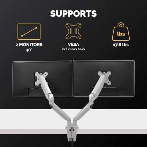 Image of Fellowes Platinum Series Dual Monitor Arm for 40-Inch Monitors, Full Motion, 360 Rotation, VESA Mount with Grommet or Clamp, USB Ports, Ergonomic, Silver, 8056501