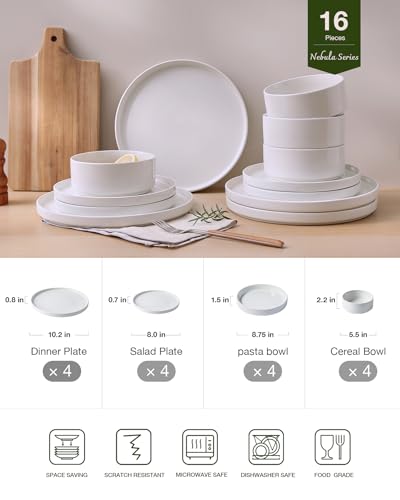 Image of Famiware Nebula Dinnerware Set with Pasta Bowls, Service for 4 (16pcs), Fine Stoneware Plates and Bowls Sets, Microwave and Dishwasher Safe Dishes Set, White