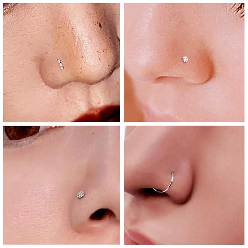 20G Nose Rings Hoops 316L Stainless Surgical Steel Hypoallergenic Nose Rings Studs Piercing Jewelry for Women Men Diamond Clear CZ Silver Gold Black Rainbow Rose Gold4
