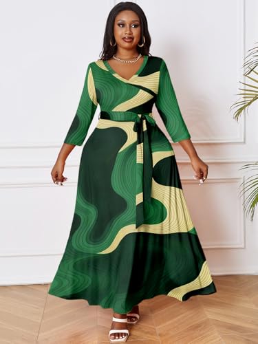 FANDEE Plus Maxi Casual Dress 3/4 Sleeve V-tie Pocket and Belt4