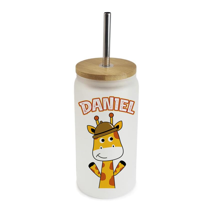 Getagift Personalised Giraffe, Back to School Gift for Kids, Frosted Glass Tumbler 18 OZ with Bamboo Lid and Silver Straw, Glass Can, Wide Mouth Jar for Drinks.