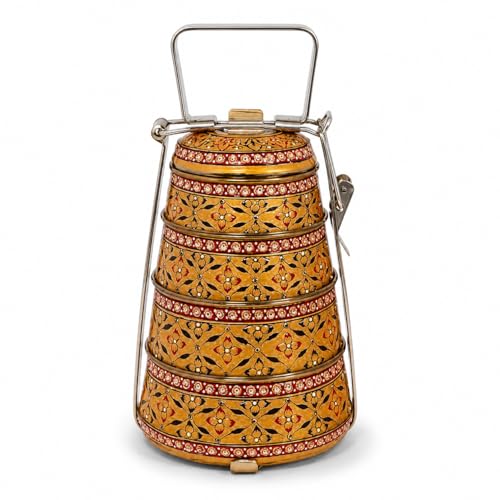 Image of iHandikart Handpainted Decorative Lunch Box Tiffin | Multiple Tier Stainless Steel Food Box | Designer Indian Print Tiffin for School | Diwali Gift, Navratri Gift (Color - Multicolor)
