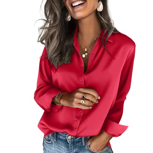 Chemisier Femme en Satin à Col en V Manches Longues Chemise Chic et Élégante Casual Soie Shirts Tops Taille S M L XL XXL,Rouge,M,f54r