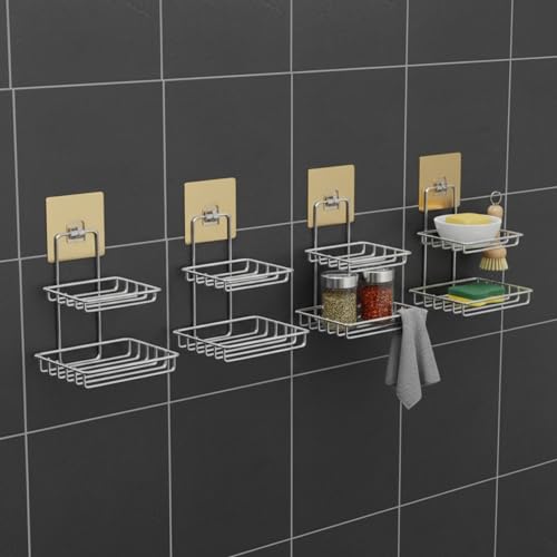 Image of Double Layer Soap Stand for Bathroom | Soap Holder for Bathroom Stickable | Self Adhesive Wall Mounted Stainless Steel Soap Dish | No Drill Soap Tray Waterproof Rust-Proof (Set of 4)