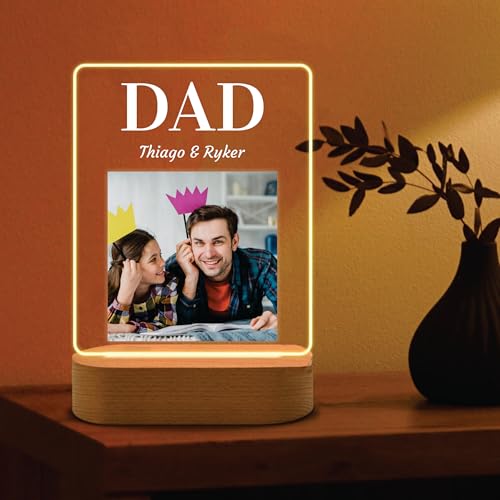 Image of Giftplease Personalized LED Photo Frame for Dad | Custom Name & Single Picture Wooden Engraved Light | Father's Day Present for Papa Father Daddy | Unique Birthday Surprise Tabletop Decor Lamp