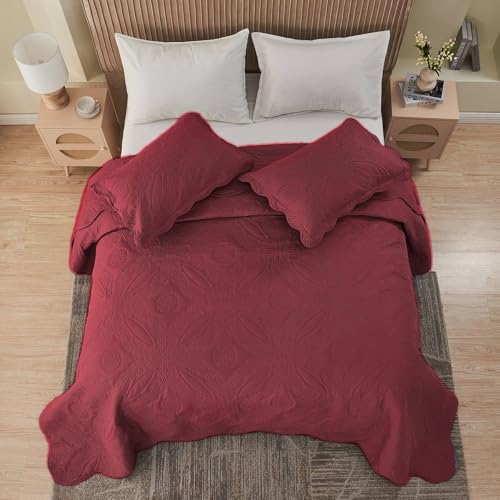 Image of Kingnex Oversized King Bedspreads 128x120 for Extra Wide Tall King or Cal King Bed Ultrasonic Quilted Coverlet Set 3 Piece Include 1 Quilt 2 Pillowcases Burgundy