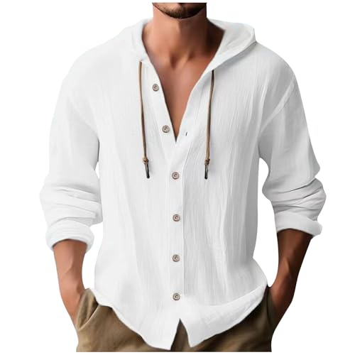 Cotton Linen Hoodies for Men Drawstring Hooded Button Down Beach Hippie Shirt Casual Lightweight Soft Long Sleeve Blouse Tops White