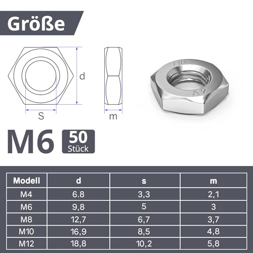 ORTAVA Sechskantmuttern M6 (niedrige Form, mit Fase), 50 Stück M6 mutter DIN 439/ISO 4035 Edelstahl A2 V2A, Flache Muttern,M6 für Schrauben, Gewindebolzen, Möbel, Maschinen