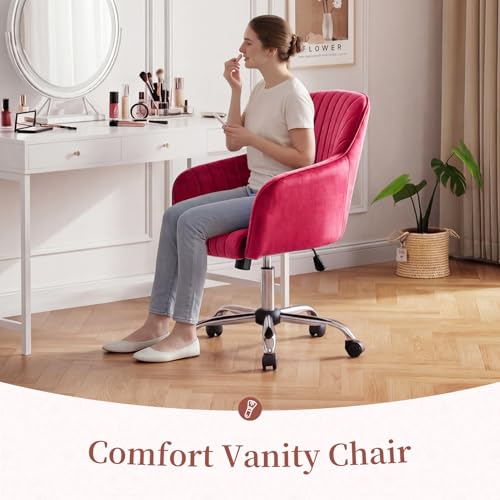 Image of Warmiehomy Velvet Chair for Home Office, Adjustable Swivel Computer Chairs with Arm Rest for Bedroom Living Room Make-up Room, Deep Pink