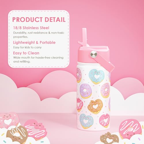 Image of SANDJEST Donut Kids Water Bottle With Straw Lid 12oz Insulated Stainless Steel, Sprinkle Travel Tumbler, Gifts for Girls, Birthday, Christmas, Back To School