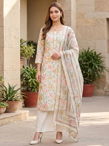 Image of Peachmode Floral Printed Organza Dress Material | Unstitched Suit Set with Santoon Bottom, Inner & Embroidered Organza Dupatta for Women