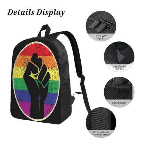 LGBT Rainbow Gay Pride Flag Hands clenched fist support 17 Inch Backpack Sets Lunch Bag Lightweight Daypack for Men Women 3Pcs3
