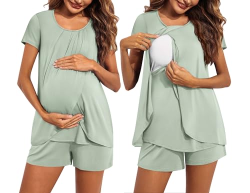 Image of Ekouaer Women's Maternity Nursing Pajamas Set Breastfeeding Sleepwear Double Layer Short Sleeve Top & Shorts Nursing Pjs