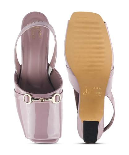 Image of JM LOOKS Sophisticated Patent Finish Block Heel Sandals with Elegant Metallic Horsebit Detail and Secure Slingback Strap