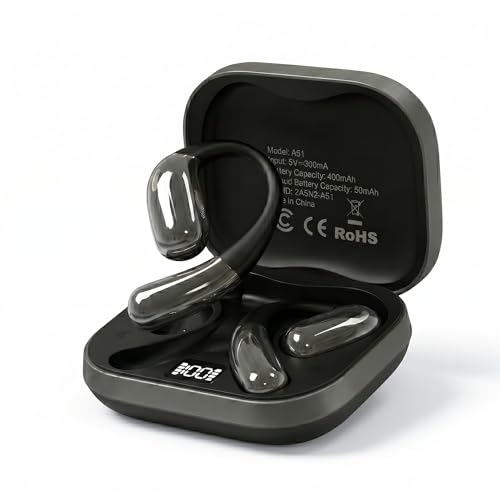 Open Ear Headphones, Wireless Headphones with Smart Digital Display & Mic, Open Ear Earbuds 35H Playtime, Sweat Resistant & Waterproof, Secure Comfortable Fit - Running, Sport, Driving, Daily (Black)