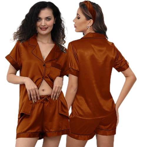 Image of 3Pcs Silk Pajamas XS-4XL Womens Satin Pajama Short Floral Sleepwear Bride Soft Pj Lounge Sets Pjs Shorts Set