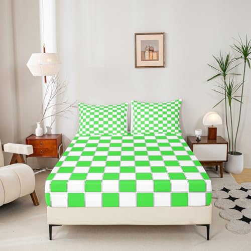 Image of Erosebridal Lime Green Checkered Bedding Set Full Buffalo Plaid Grid Bed Sheets Geometric Gingham Sheet Set Kids Boys Girls,Modern Fashion Fitted Top Sheets 4 Piece