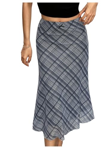 MakeMeChic Women's Y2k Plaid Gingham Skirt Mid Waist Fishtail Mid Skirts