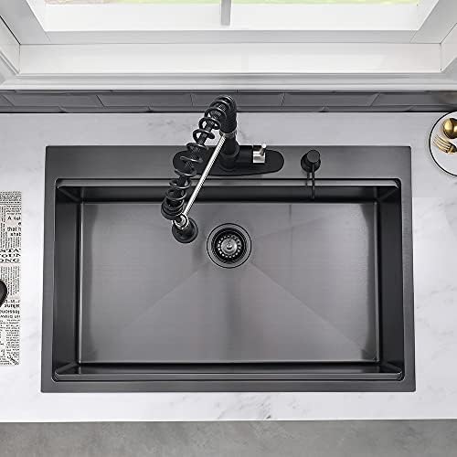 VASOYO 28x20 Inch Drop-In Workstation Kitchen Sink - 16 Gauge Gunmetal Black Stainless Steel Single Bowl Deep Overmount Sink With Cutting Board — view 8