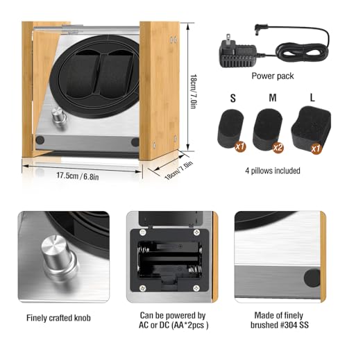 Watch Winder Smith Watch Winder Box for Automatic Watches or Compatible with Couple Size Double, Craftsmanship 100% Bamboo Wood Patent Housing Case, ACor Battery Powered Super Quiet Japanese Motor