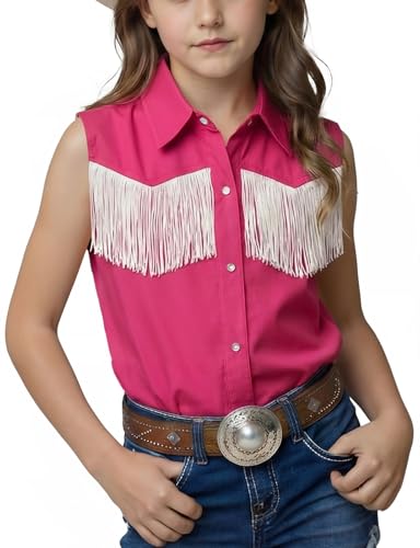 Noomelfish Girls Fringe Western Shirt Pearl Snap Button Down Cowgirl Outfits Sleeveless Blouse Tops Hot Pink Size 9-10 Years