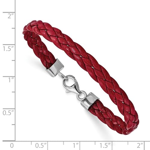 925 Sterling Silver Rhodium Plated Red Braided Leather Bracelet 7"4