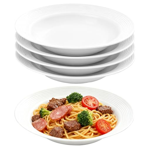 4 Stück Pastateller Weiß Suppenteller Tiefe Teller PP Spaghetti Teller Suppenschalen Nudelschalen Spaghetti Tiefteller Salatschalen 22 cm Suppenschüssel Wiederverwendbar für Pasta Salat Suppen