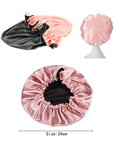 MUFEKUM Satin Sleep Cap, Large Adjustable Double Sided Pink & Black, Silk Bonnet for Women Girls Curly Hair Protection - Image 3
