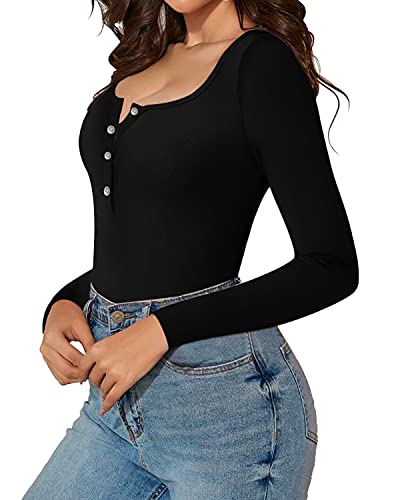 Mangopop Women's Henley Shirt Scoop Neck Button Down Ribbed Sleeveless Tank Top Long Sleeve Short Sleeve Bodysuits (B Long Sleeve Black, Small) #TOP2