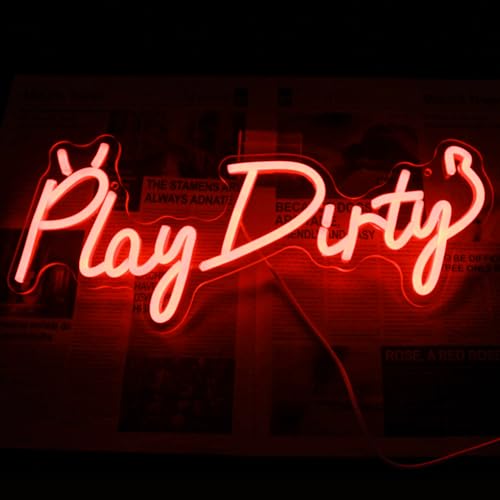 Image of Play Dirty Neon Sign Red Letter LED Neon Lights Signs Devil Neon Signs for Wall Decor Satan Neon Lights for Bedroom Dimmable Red Words Neon Light Up Sign for Bar Man Cave Party Decor