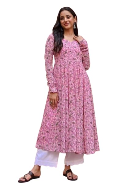 Women’s Pink Printed Georgette Long Kurti with Flared Sleeves (in, Alpha, L, Regular)