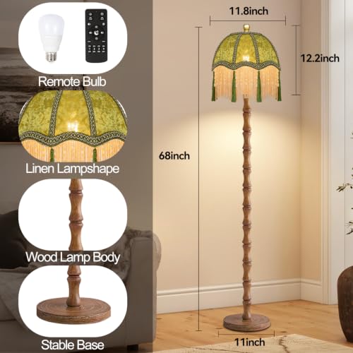 Image of ZECOXOL Wood Floor Lamps for Living Room Boho Rustic Floor Lamp with Remote Control,Dimmable Vintage Floor Lamp Green Mid Century Modern Standing Lamp Pole Tall Fringe Floor Lamp for Bedroom Corner