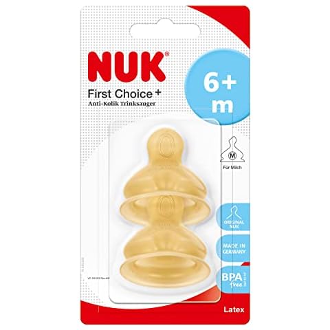 NUK First Choice+ Baby Bottle Teat, 6-18 Months, Latex with Medium Feed Hole, Anti-Colic, 2 Count Cover