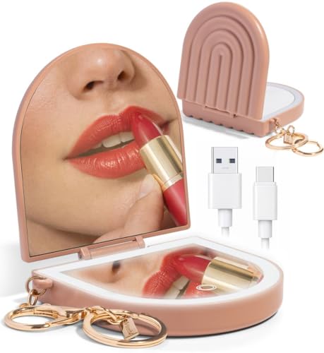 Kitsch Compact Mirror Keychain Travel Makeup Mirror with Lights Small Lighted Dual-Magnification Pocket Mirrors USB-Rechargeable 450mAh Ideal for Your Touch-Ups While On Travel Terracotta
