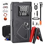 【4in1】ジャンプスターター6000Aピーク 電動空気入れ 150PSI モバイルバッテリー LED緊急ライト付き 12V車対応 ハイブリッド車も LCDディスプレイ PSE認証済 スマート保護
