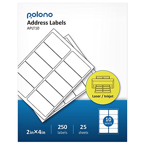 2" X 4" Shipping Address Labels Compatible With 5163, 5263, 8163, Polono Internet Mailing Shipping Labels, Sticker Labels For Laser/Inkjet Printer, Permanent Adhesive (250 Labels, 25 Sheets) #TOP28