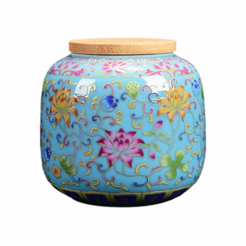 Sizikato Porcelain Tea Caddy Bamboo Cover, Enamel Colored Ceramic Tea Storage Container, 14oz