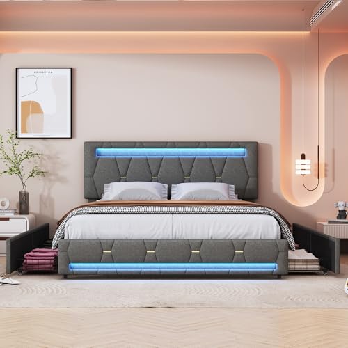 BRYXR 140 x 200 cm Polsterbett, Doppelbett mit RGB-LED-Beleuchtung, 4 Schubladen, Höhenverstellbares Kopfteil, Ideal für Jugendzimmer und Moderne Räume,Ohne Matratze BRYXR 140 x 200 cm Polsterbett, Doppelbett mit RGB-LED-Beleuchtung, 4 Schubladen, Höhenverstellbares Kopfteil, Ideal für Jugendzimmer und Moderne Räume,Ohne Matratze