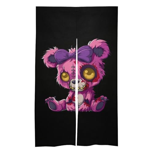 Evil Teddy Bear Noren Doorway Split Shower Curtain Long Type Window Treatment for Privacy Partition Divider