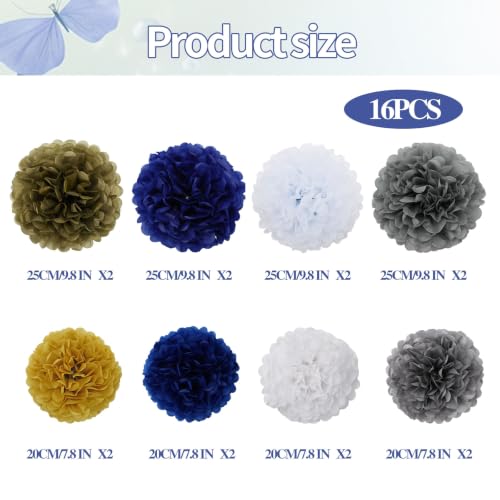 Image of BestoFun 16 PCS Pompoms Paper Flowers Decorations Navy Blue White Gold Party Decoration Navy Blue White Silver Party Decorations Graduation Baby Shower Gender Reveal Decorations Lasting Surprise