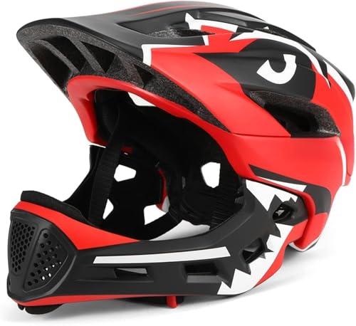 Oasisgalore Kids Bicycle Helmet Full Face Bike Scooter Skateboard Helmet for Kids Adjustable Detachable Full Face Helmet for Cycling (Red)