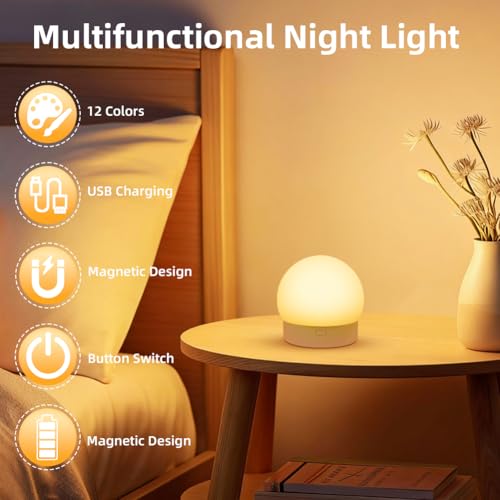 Alaoo LED Nachtlicht mit Fernbedienung, 12 Farben Dimmbar Aufladbar Magnetische Nachtlampe und Timing Funktion, Wandleuchten Helligkeit Dimmbare für Schlafzimmer, Küchen, Badezimmer, Kinderzimmer