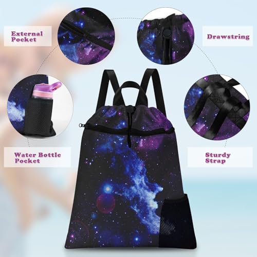 Galaxy Space Drawstring Backpack, 15” x 17” Waterproof Swim Bag for Beach Swimming Pool, Lightweight Foldable Gym Bag with Water Bottle Holder for Sports Travel3