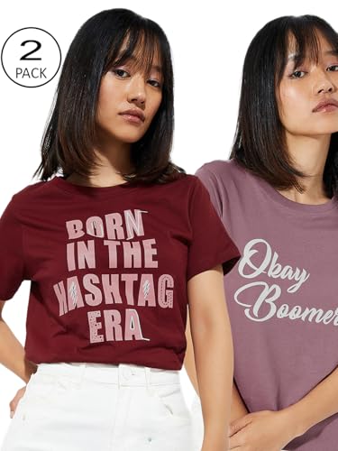 Image of Max Women's Cotton Regular Fit URB N Graphic Printed T-Shirt - Pack of 2