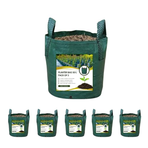 MOKUS Planter Bag with Handles Pack of 5, Heavy Duty Planter Bag, PE Plant Grow Bag, Suitable for Indoor and Outdoor Growing (50 litres)