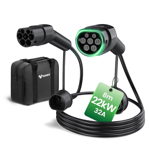 GONEO Type 2 Charging Cable, 22kW 32A 8M 3 Phase Charging Cable Type 2 Mode 3, Type 2 to Type 2 EV Charging Cable for Electric Car PHEV with Carry Bag for Model S/X/Y/3, ID.3, ID.4
