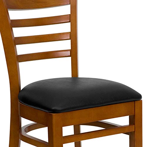 Image of Flash Furniture HERCULES Series Ladder Back Cherry Wood Restaurant Chair - Black Vinyl Seat