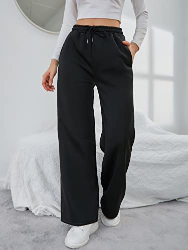 Floerns Calça de moletom feminina com cordão na cintura elástica e pernas largas com bolsos, Preto l