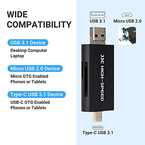 Image of JJC UHS-II SD MicroSD USB Card Reader, Transfer Speed up to 312MB /s, Black | SD Card Adapter, 3-in-1 USB-A USB-C Micro USB Connection Port, Compatible with Computer, Laptop, OTG Enable Phone & Tablet