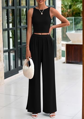 PRETTYGARDEN Spring Two Piece Sets For Women 2025 Ribbed Knit Crew Neck Sleeveless Tank Tops Wide Leg Pants Casual Lounge Set3